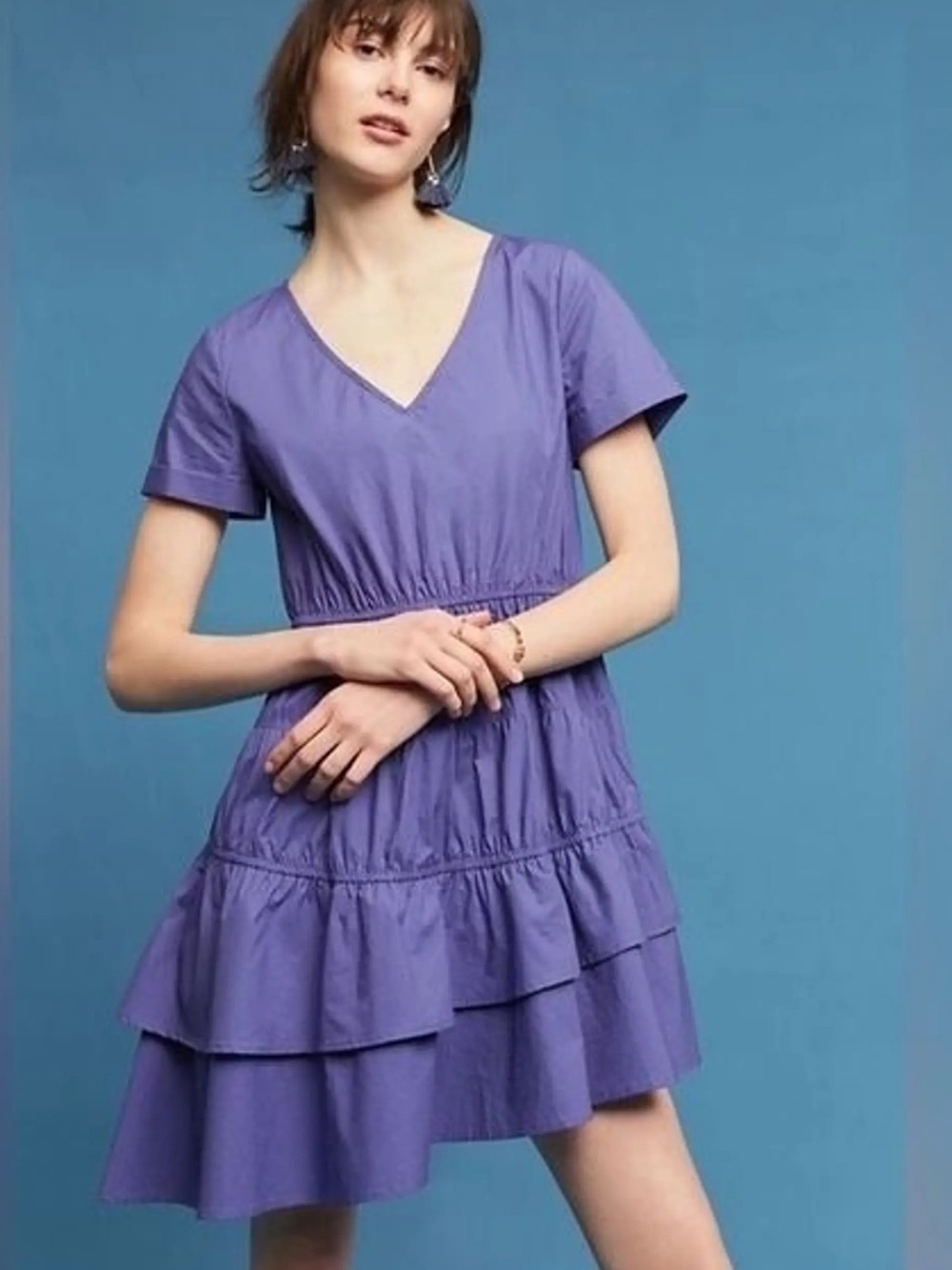 Anthropologie HD In Paris Drop Waist V-Neck Asymmetrical Tiered Dress Size S